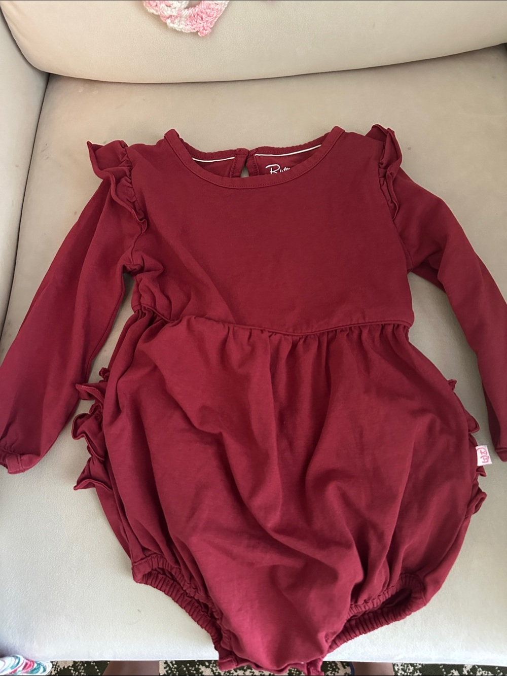Ruffle Butts Long-Sleeve Burgundy One-Piece with Ruffle Accents